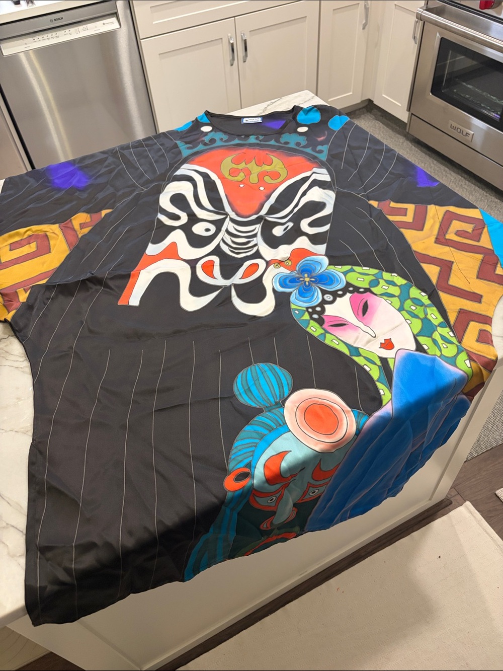 HAND Black Graphic 100% Silk Kaftan with Multicolor Mask Print SZ Onesize